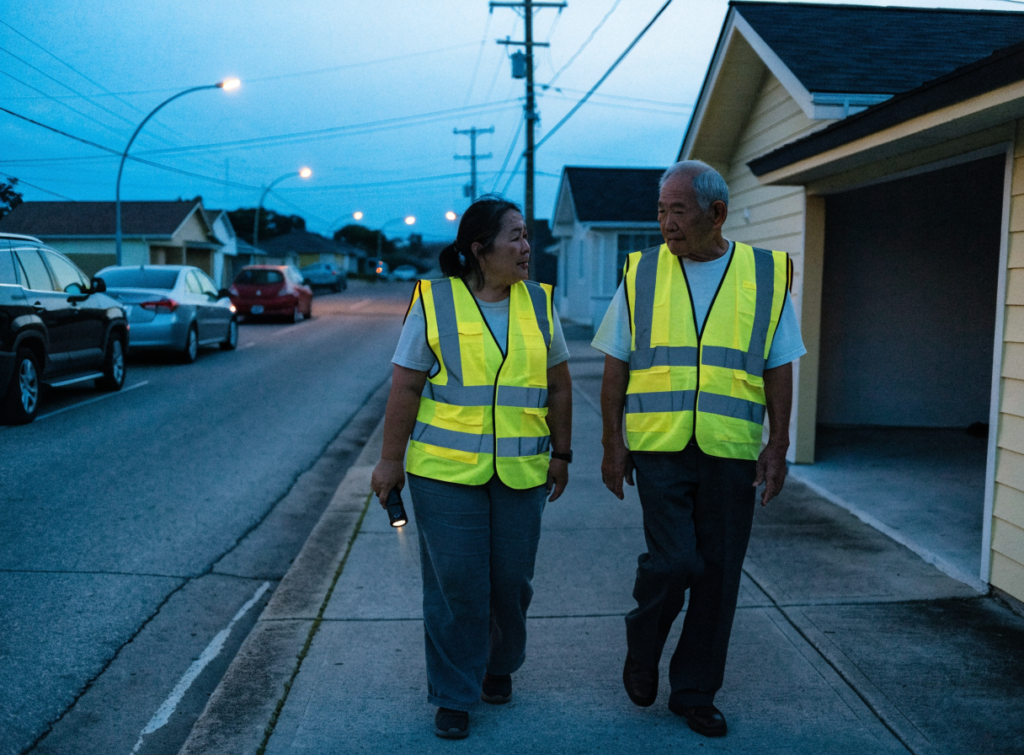 Two neighborhood watch volunteers in reflective vests walk a residential sidewalk at dusk