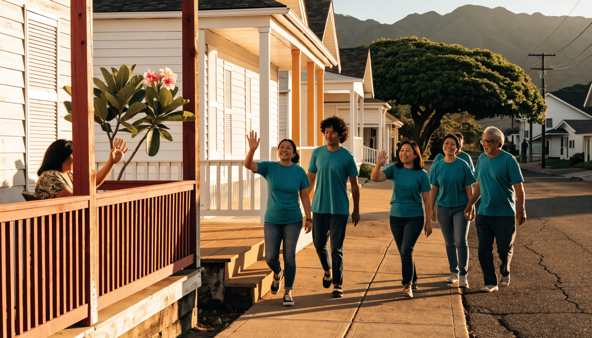 Neighbors in matching teal shirts walk a sunny Oahu street, smiling and waving to a resident on her lanai