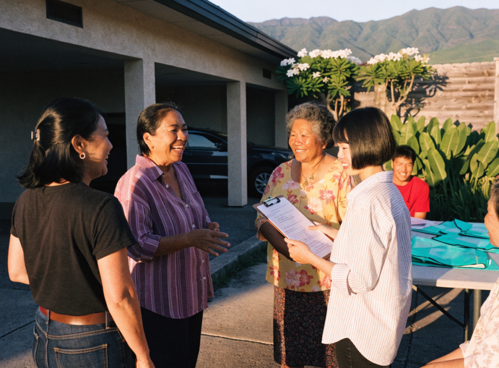 Neighbors laugh together in a carport as one holds a clipboard sign-up sheet, with safety vests on a table
